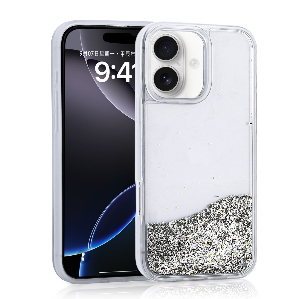 iPhone Uyumlu 16 Kılıf Sıvılı Simli Şeffaf Arka Yüzey Zore Keto Silikon Kapak-Gümüş