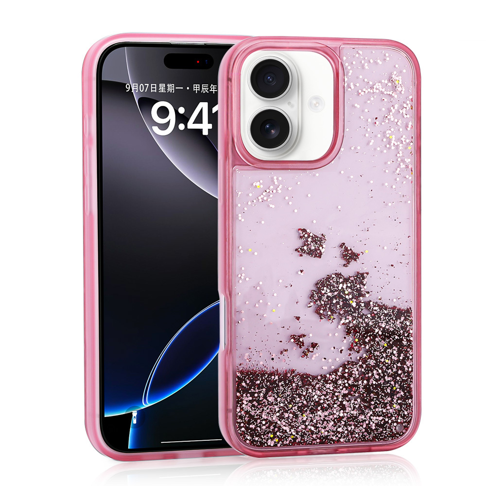 iPhone Uyumlu 16 Kılıf Sıvılı Simli Şeffaf Arka Yüzey Zore Keto Silikon Kapak-Pembe