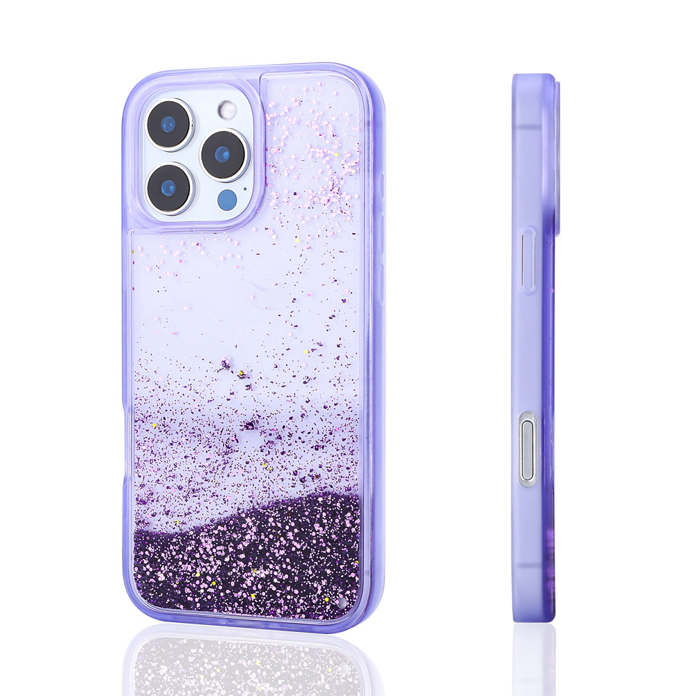 iPhone Uyumlu 16 Pro Kılıf Sıvılı Simli Şeffaf Arka Yüzey Zore Keto Silikon Kapak-Mor