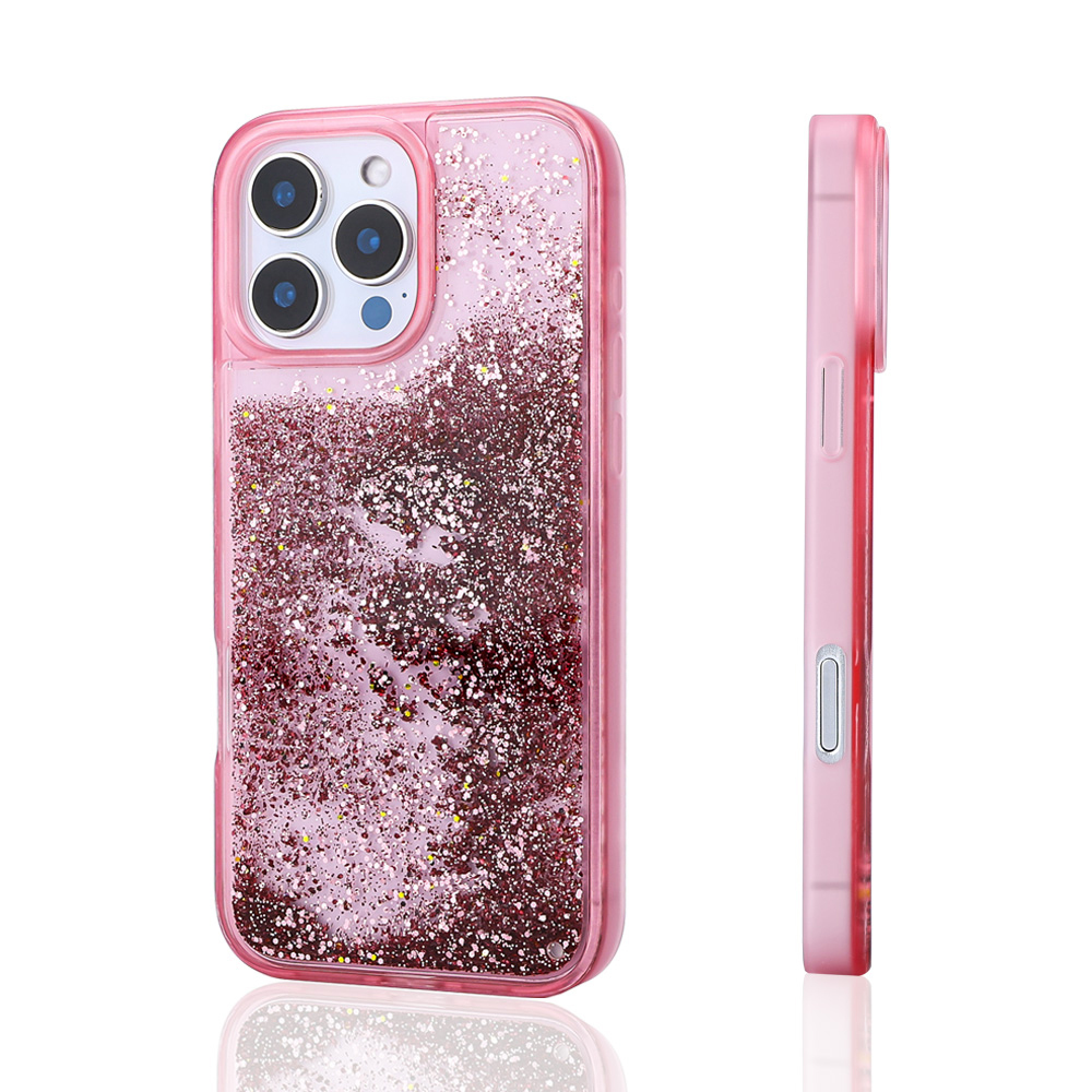iPhone Uyumlu 16 Pro Max Kılıf Sıvılı Simli Şeffaf Arka Yüzey Zore Keto Silikon Kapak-Pembe