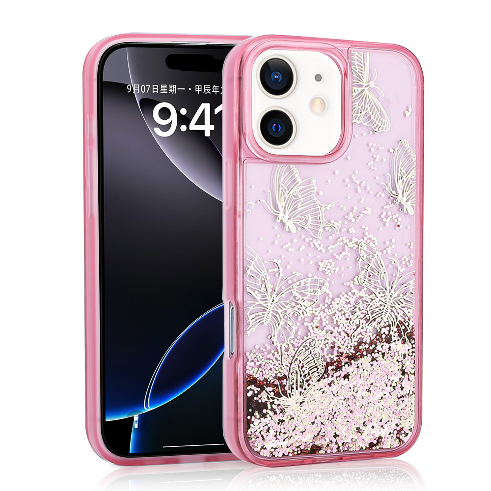 iPhone Uyumlu 12 Kılıf Sıvılı Simli Kelebek Baskılı Şeffaf Arka Yüzey Zore Glis Silikon Kapak-Pembe