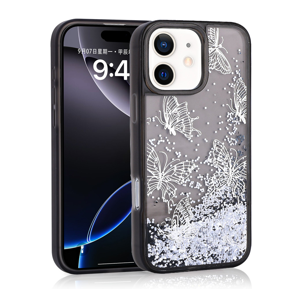 iPhone Uyumlu 12 Kılıf Sıvılı Simli Kelebek Baskılı Şeffaf Arka Yüzey Zore Glis Silikon Kapak