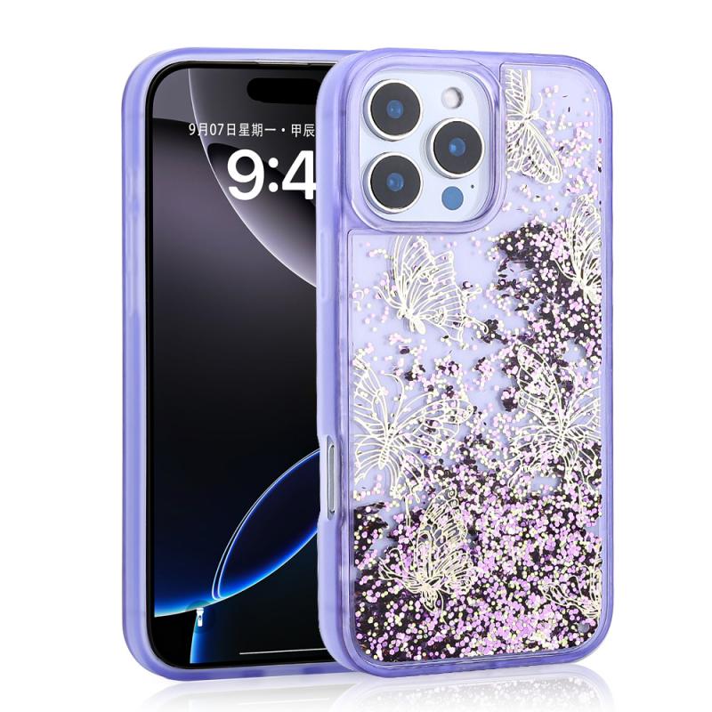 iPhone Uyumlu 15 Pro Max Kılıf Sıvılı Simli Kelebek Baskılı Şeffaf Arka Yüzey Zore Glis Silikon Kapak-Mor