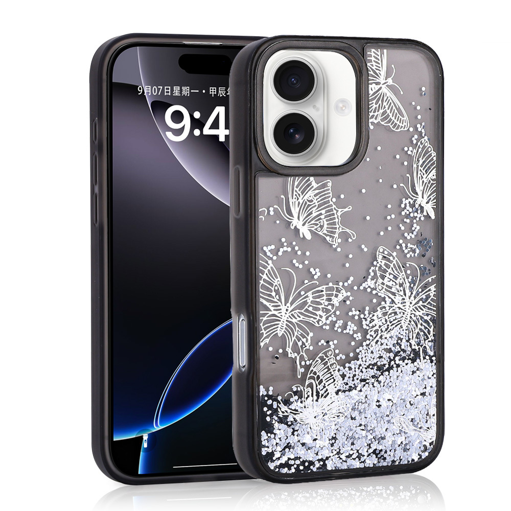 iPhone Uyumlu 16 Kılıf Sıvılı Simli Kelebek Baskılı Şeffaf Arka Yüzey Zore Glis Silikon Kapak