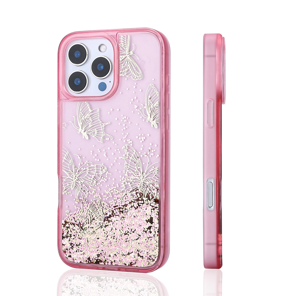 iPhone Uyumlu 16 Pro Kılıf Sıvılı Simli Kelebek Baskılı Şeffaf Arka Yüzey Zore Glis Silikon Kapak