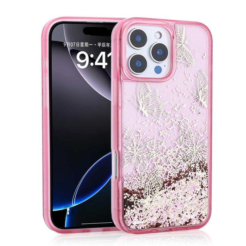 iPhone Uyumlu 16 Pro Max Kılıf Sıvılı Simli Kelebek Baskılı Şeffaf Arka Yüzey Zore Glis Silikon Kapak-Pembe