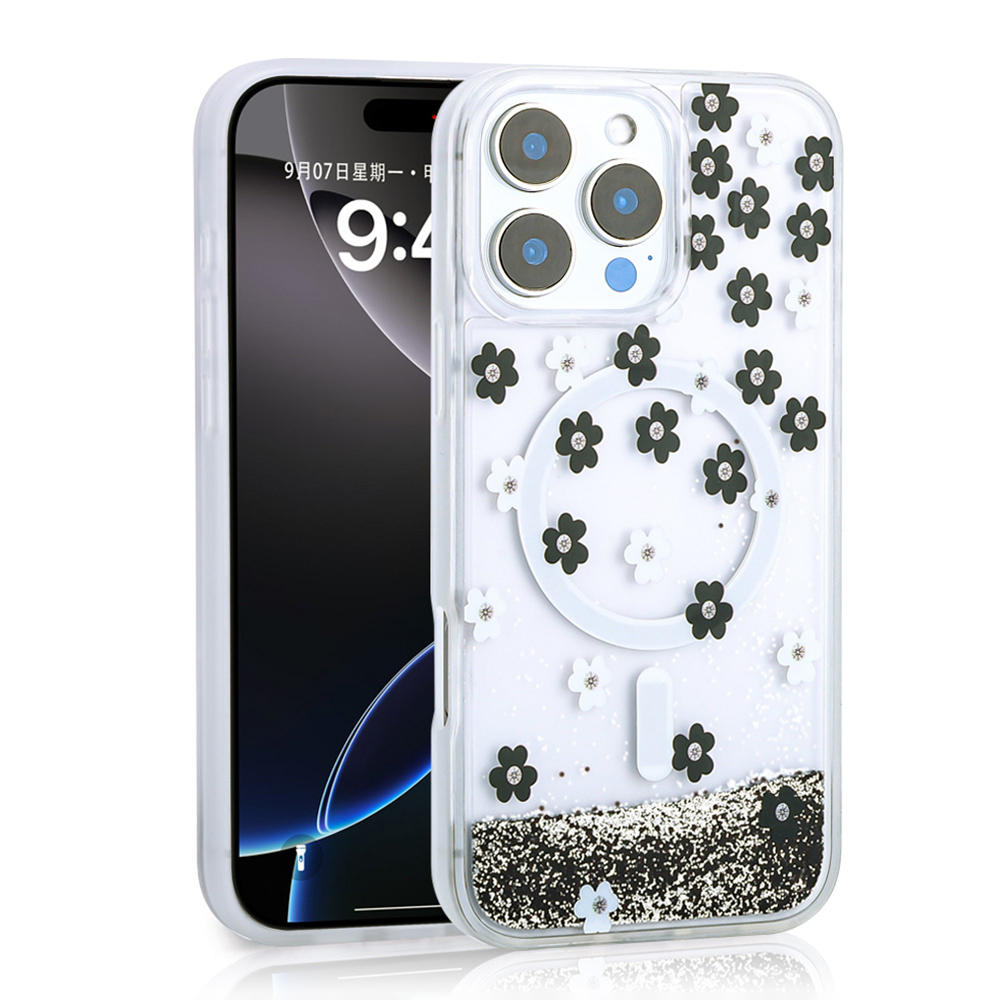 iPhone Uyumlu 12 Pro Kılıf Sıvılı Simli Baskılı Şeffaf Arka Yüzey Zore Mossa Silikon Kapak
