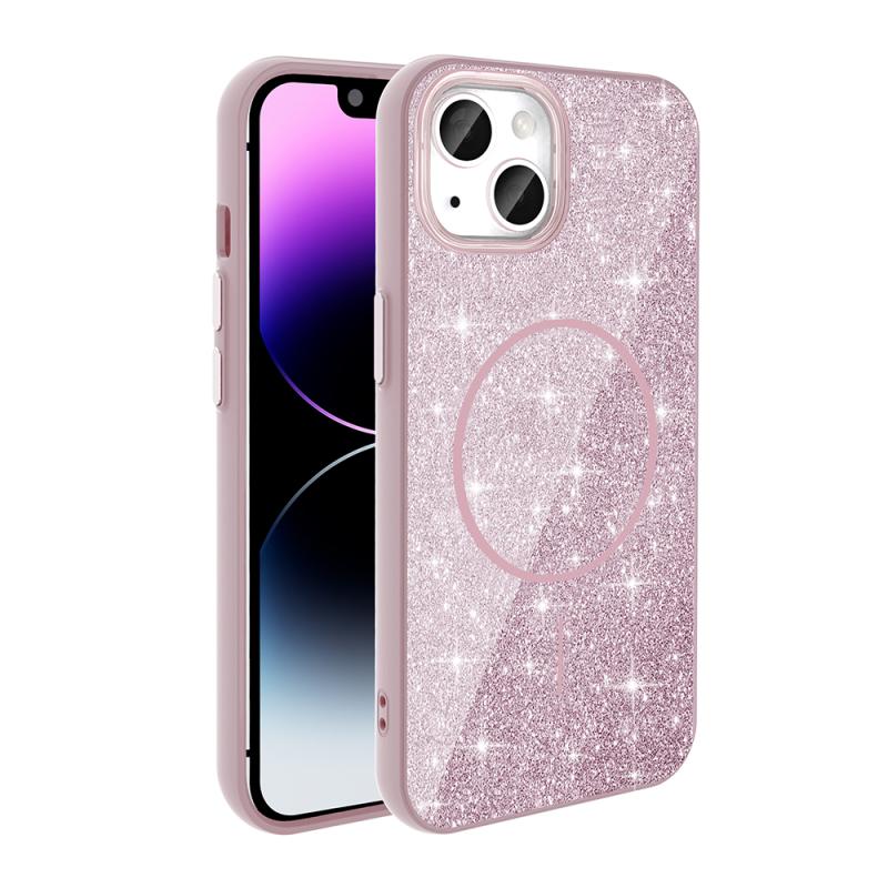 iPhone Uyumlu 11 Kılıf M-safe Şarj Özellikli Parlayan Simli Zore Okso Kapak-Pembe