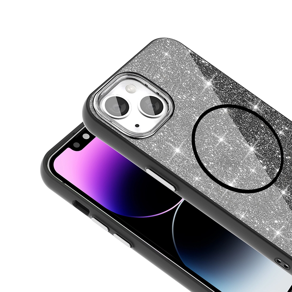 iPhone Uyumlu 13 Kılıf M-safe Şarj Özellikli Parlayan Simli Zore Okso Kapak