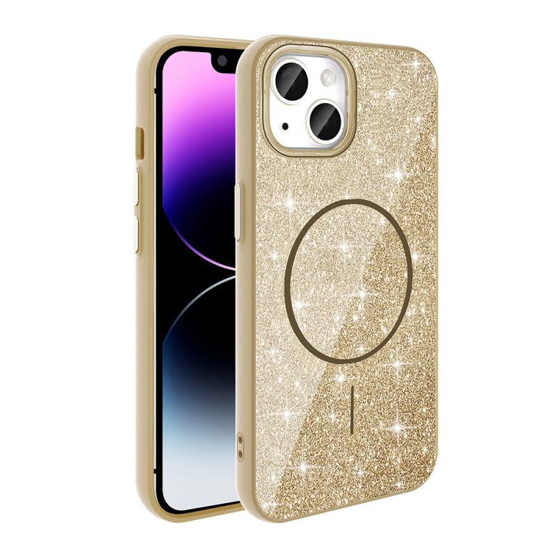 iPhone Uyumlu 13 Kılıf M-safe Şarj Özellikli Parlayan Simli Zore Okso Kapak-Gold