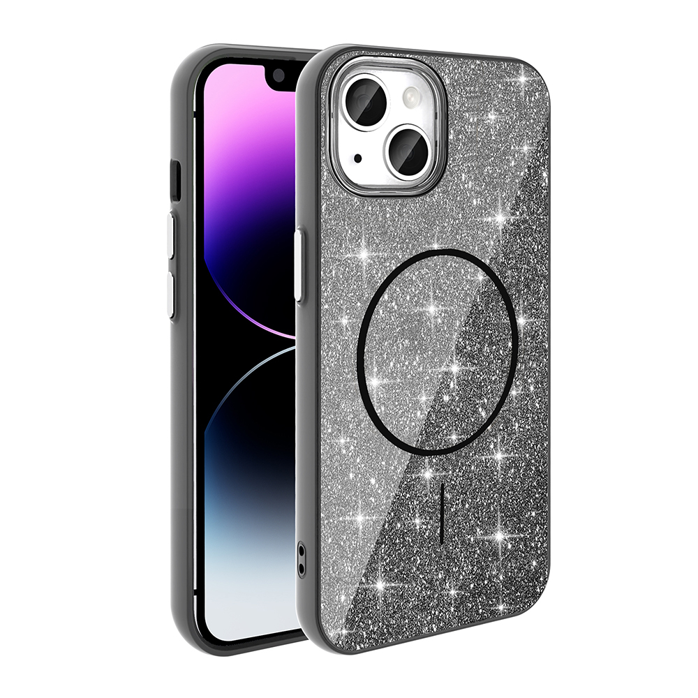 iPhone Uyumlu 14 Kılıf M-safe Şarj Özellikli Parlayan Simli Zore Okso Kapak-Siyah