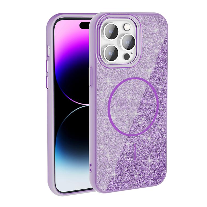 iPhone Uyumlu 14 Pro Max Kılıf M-safe Şarj Özellikli Parlayan Simli Zore Okso Kapak-Derin mor