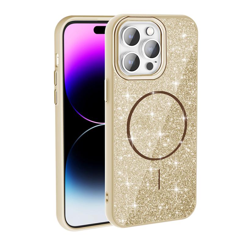 iPhone Uyumlu 14 Pro Max Kılıf M-safe Şarj Özellikli Parlayan Simli Zore Okso Kapak-Gold