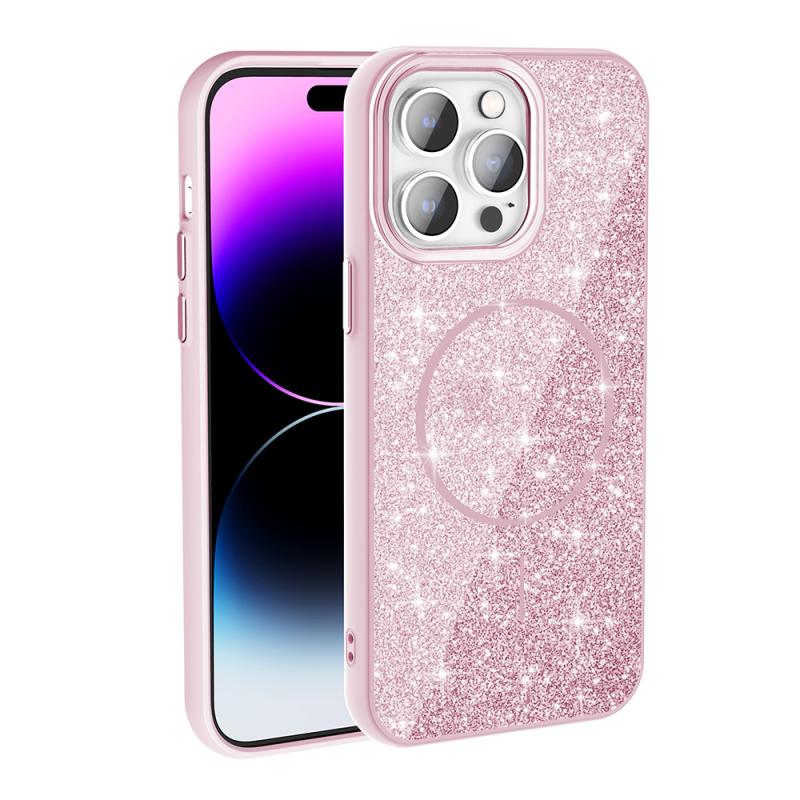 iPhone Uyumlu 14 Pro Max Kılıf M-safe Şarj Özellikli Parlayan Simli Zore Okso Kapak-Pembe