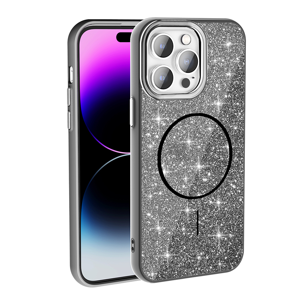 iPhone Uyumlu 14 Pro Max Kılıf M-safe Şarj Özellikli Parlayan Simli Zore Okso Kapak-Siyah