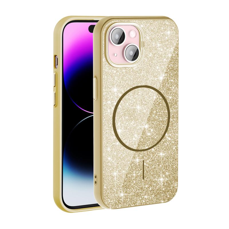 iPhone Uyumlu 15 Kılıf M-safe Şarj Özellikli Parlayan Simli Zore Okso Kapak-Gold