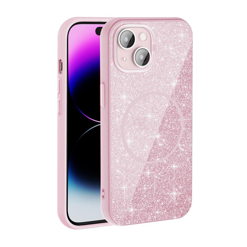 iPhone Uyumlu 15 Kılıf M-safe Şarj Özellikli Parlayan Simli Zore Okso Kapak-Pembe