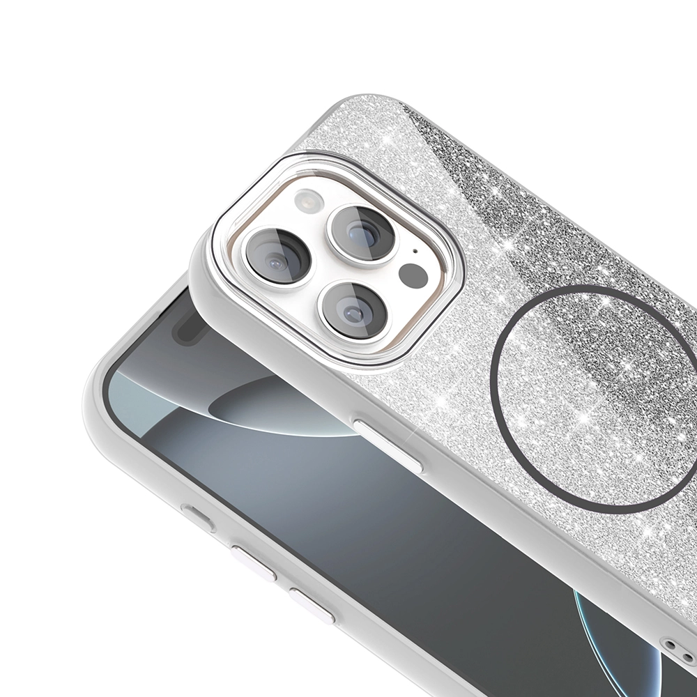 iPhone Uyumlu 15 Pro Kılıf M-safe Şarj Özellikli Parlayan Simli Zore Okso Kapak