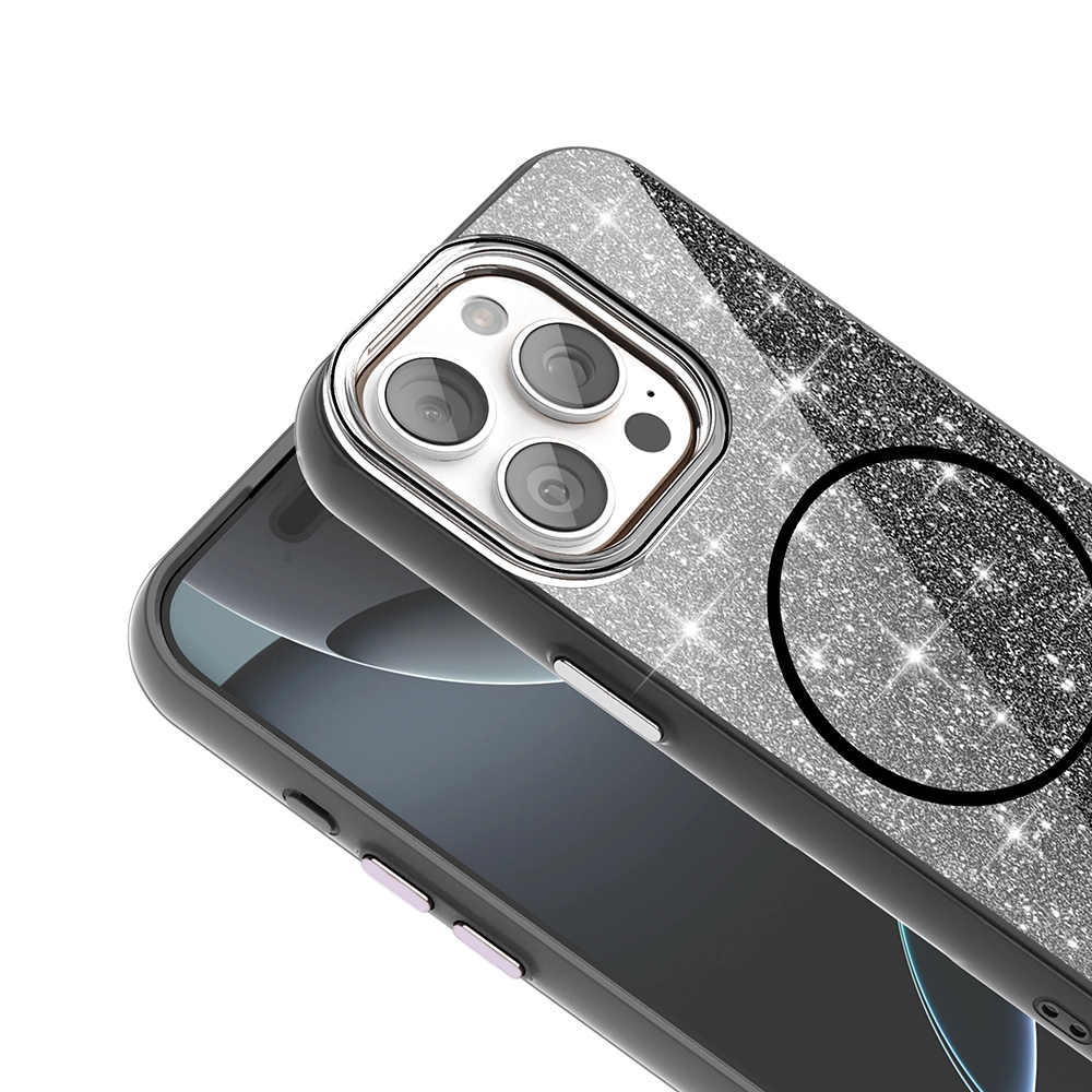 iPhone Uyumlu 15 Pro Max Kılıf M-safe Şarj Özellikli Parlayan Simli Zore Okso Kapak