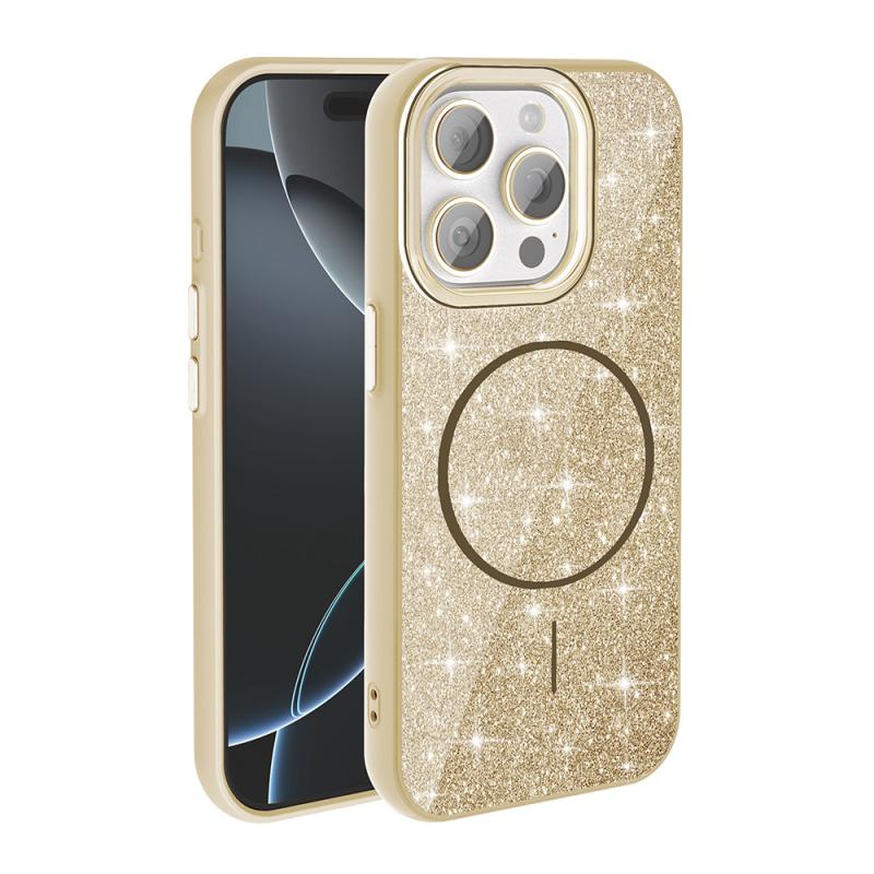 iPhone Uyumlu 15 Pro Max Kılıf M-safe Şarj Özellikli Parlayan Simli Zore Okso Kapak-Gold