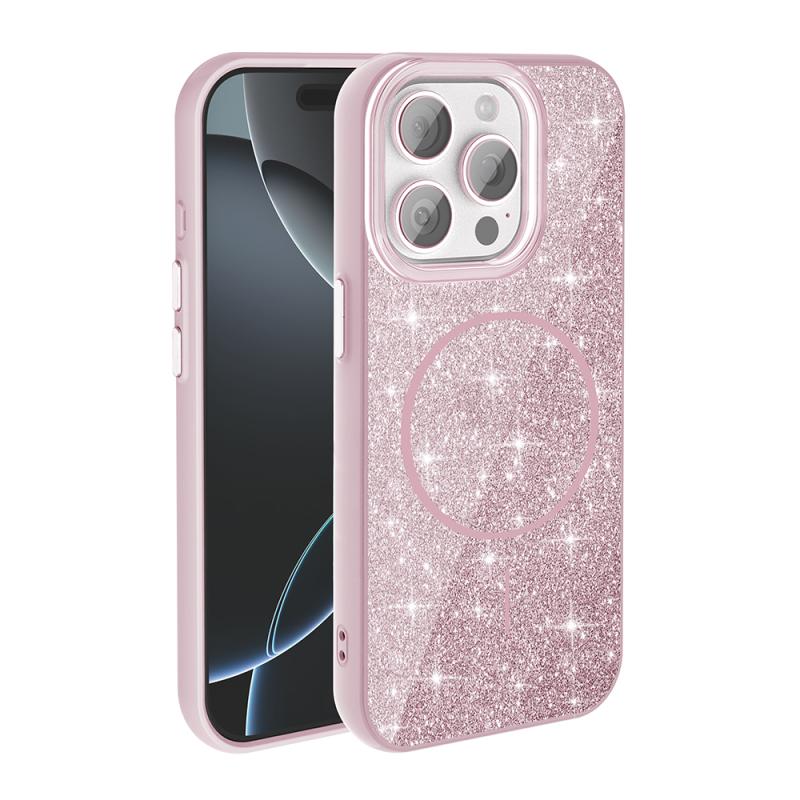 iPhone Uyumlu 15 Pro Max Kılıf M-safe Şarj Özellikli Parlayan Simli Zore Okso Kapak-Pembe