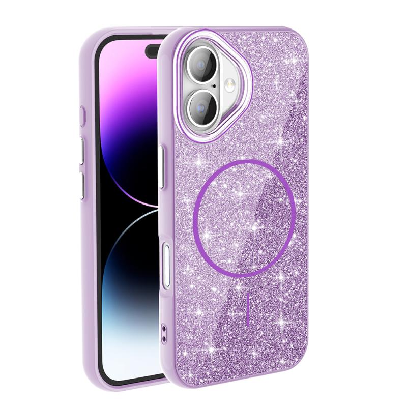 iPhone Uyumlu 16 Kılıf M-safe Şarj Özellikli Parlayan Simli Zore Okso Kapak-Derin mor