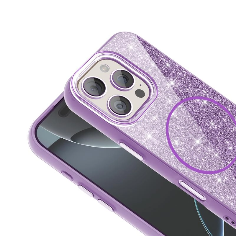 iPhone Uyumlu 16 Pro Kılıf M-safe Şarj Özellikli Parlayan Simli Zore Okso Kapak