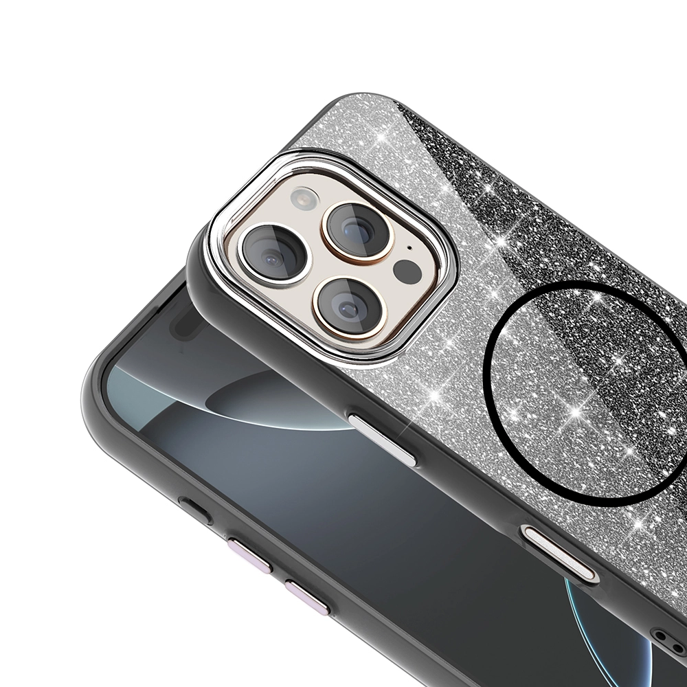 iPhone Uyumlu 16 Pro Max Kılıf M-safe Şarj Özellikli Parlayan Simli Zore Okso Kapak