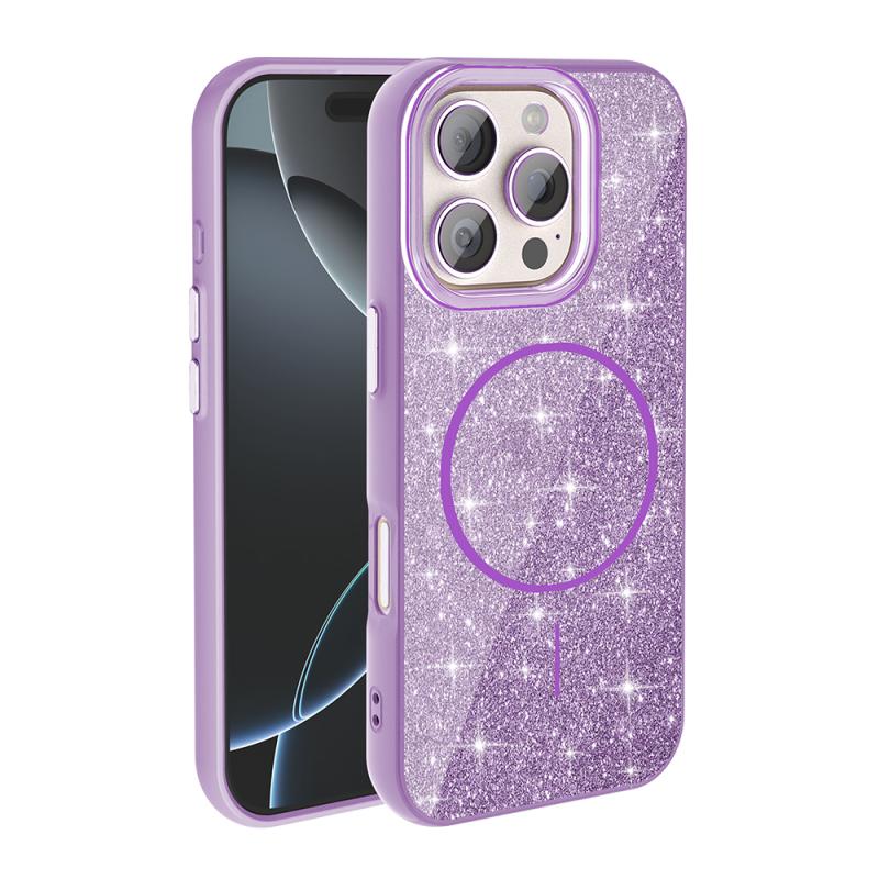 iPhone Uyumlu 16 Pro Max Kılıf M-safe Şarj Özellikli Parlayan Simli Zore Okso Kapak-Derin mor