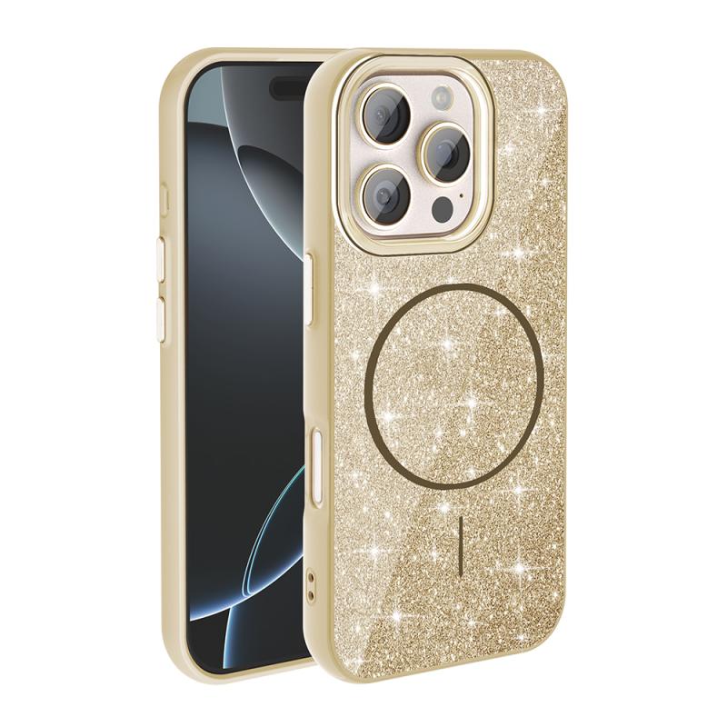 iPhone Uyumlu 16 Pro Max Kılıf M-safe Şarj Özellikli Parlayan Simli Zore Okso Kapak-Gold