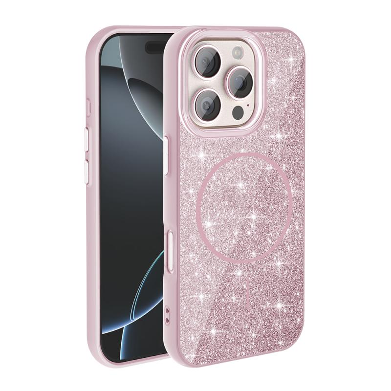 iPhone Uyumlu 16 Pro Max Kılıf M-safe Şarj Özellikli Parlayan Simli Zore Okso Kapak-Pembe