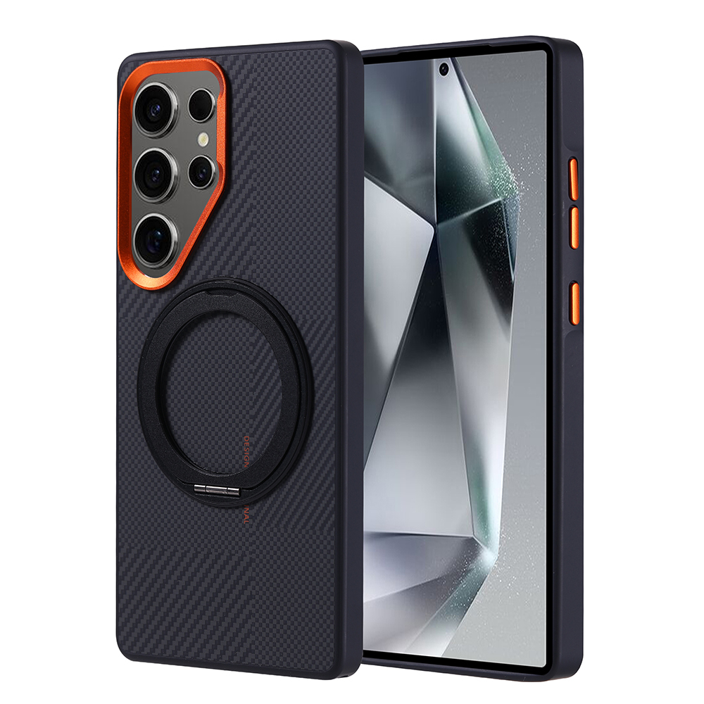 Galaxy Uyumlu S25 Ultra Kılıf M-safe Şarj Özellikli Karbon Fiber Görünümlü Zore Standlı Troy Kapak-Turuncu