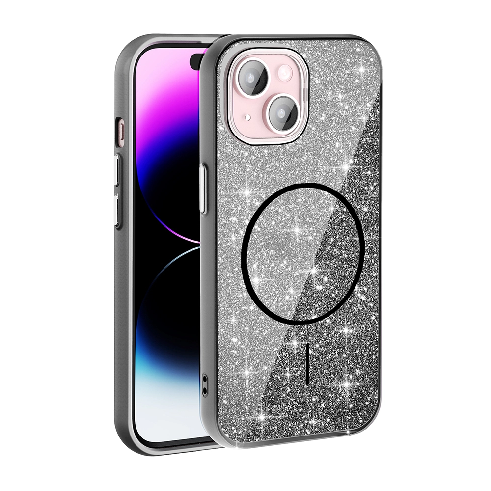 iPhone Uyumlu 15 Plus Kılıf M-safe Şarj Özellikli Parlayan Simli Zore Okso Kapak