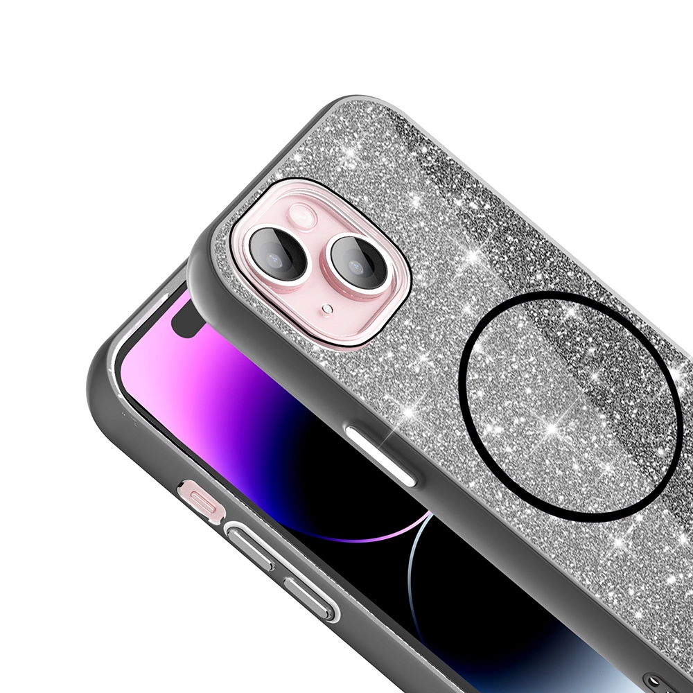iPhone Uyumlu 15 Plus Kılıf M-safe Şarj Özellikli Parlayan Simli Zore Okso Kapak