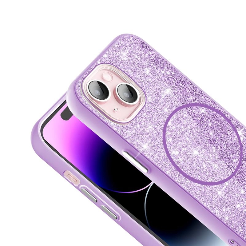 iPhone Uyumlu 15 Plus Kılıf M-safe Şarj Özellikli Parlayan Simli Zore Okso Kapak