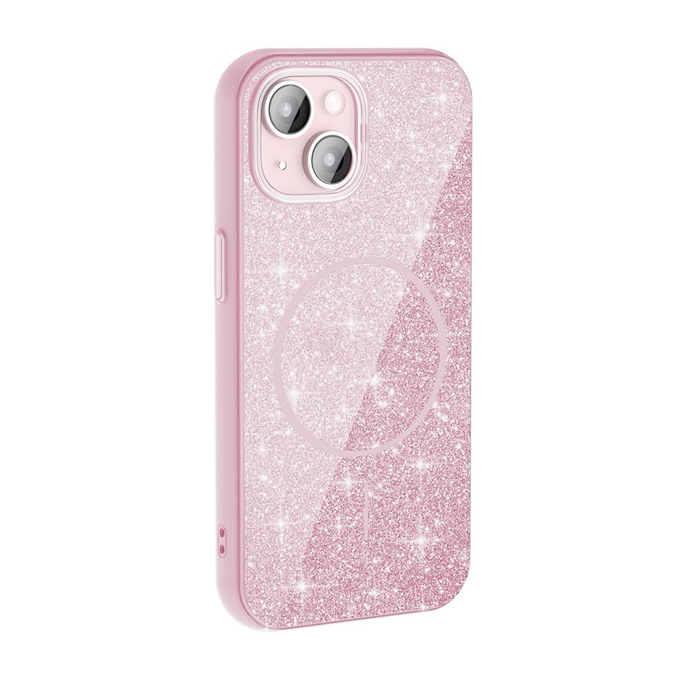 iPhone Uyumlu 15 Plus Kılıf M-safe Şarj Özellikli Parlayan Simli Zore Okso Kapak-Pembe