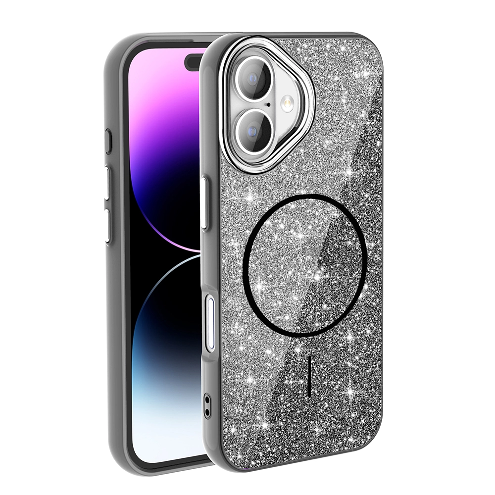 iPhone Uyumlu 16 Plus Kılıf M-safe Şarj Özellikli Parlayan Simli Zore Okso Kapak