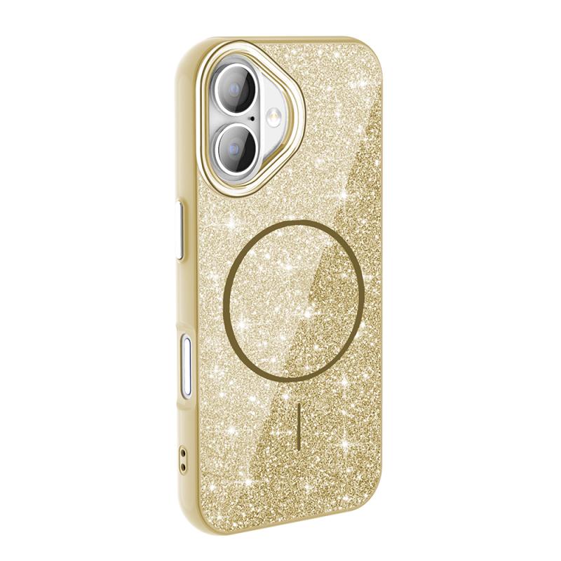 iPhone Uyumlu 16 Plus Kılıf M-safe Şarj Özellikli Parlayan Simli Zore Okso Kapak-Gold