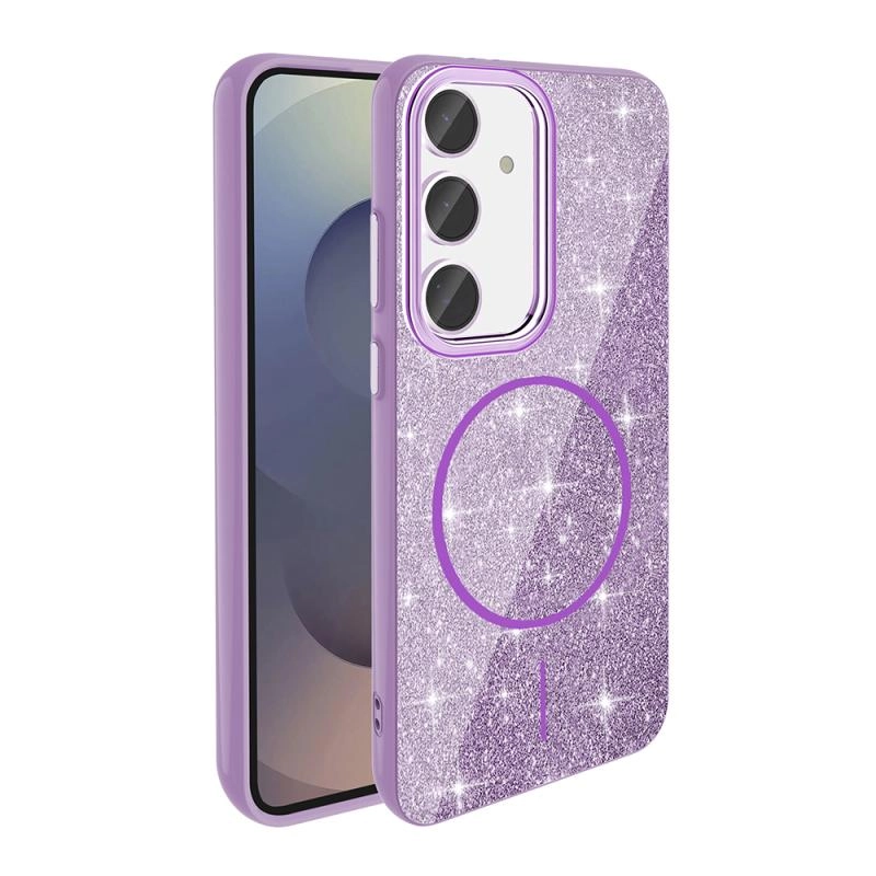 Galaxy Uyumlu S24 FE Kılıf M-safe Şarj Özellikli Parlayan Simli Zore Okso Kapak
