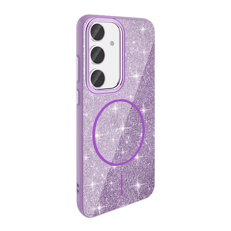 Galaxy Uyumlu S24 FE Kılıf M-safe Şarj Özellikli Parlayan Simli Zore Okso Kapak-Derin mor