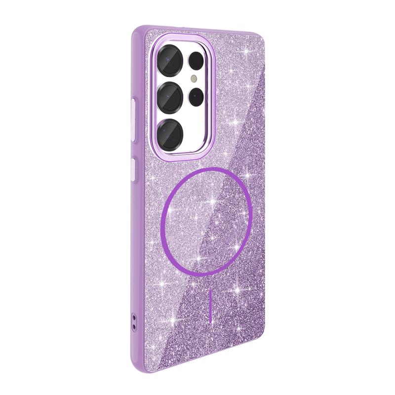 Galaxy Uyumlu S25 Ultra Kılıf M-safe Şarj Özellikli Parlayan Simli Zore Okso Kapak-Derin mor