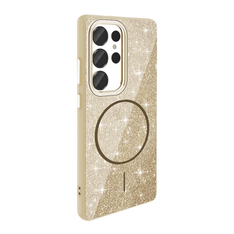Galaxy Uyumlu S25 Ultra Kılıf M-safe Şarj Özellikli Parlayan Simli Zore Okso Kapak-Gold