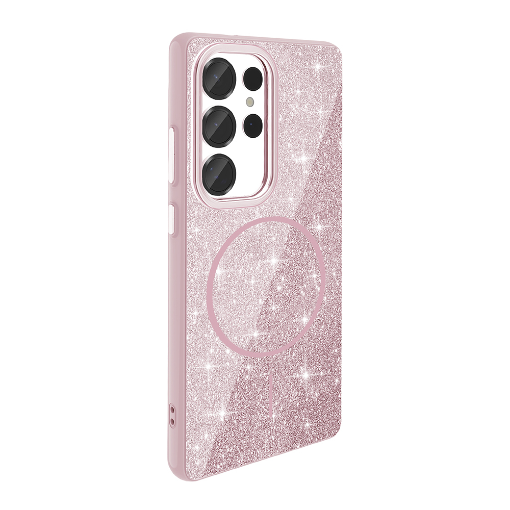 Galaxy Uyumlu S25 Ultra Kılıf M-safe Şarj Özellikli Parlayan Simli Zore Okso Kapak-Pembe