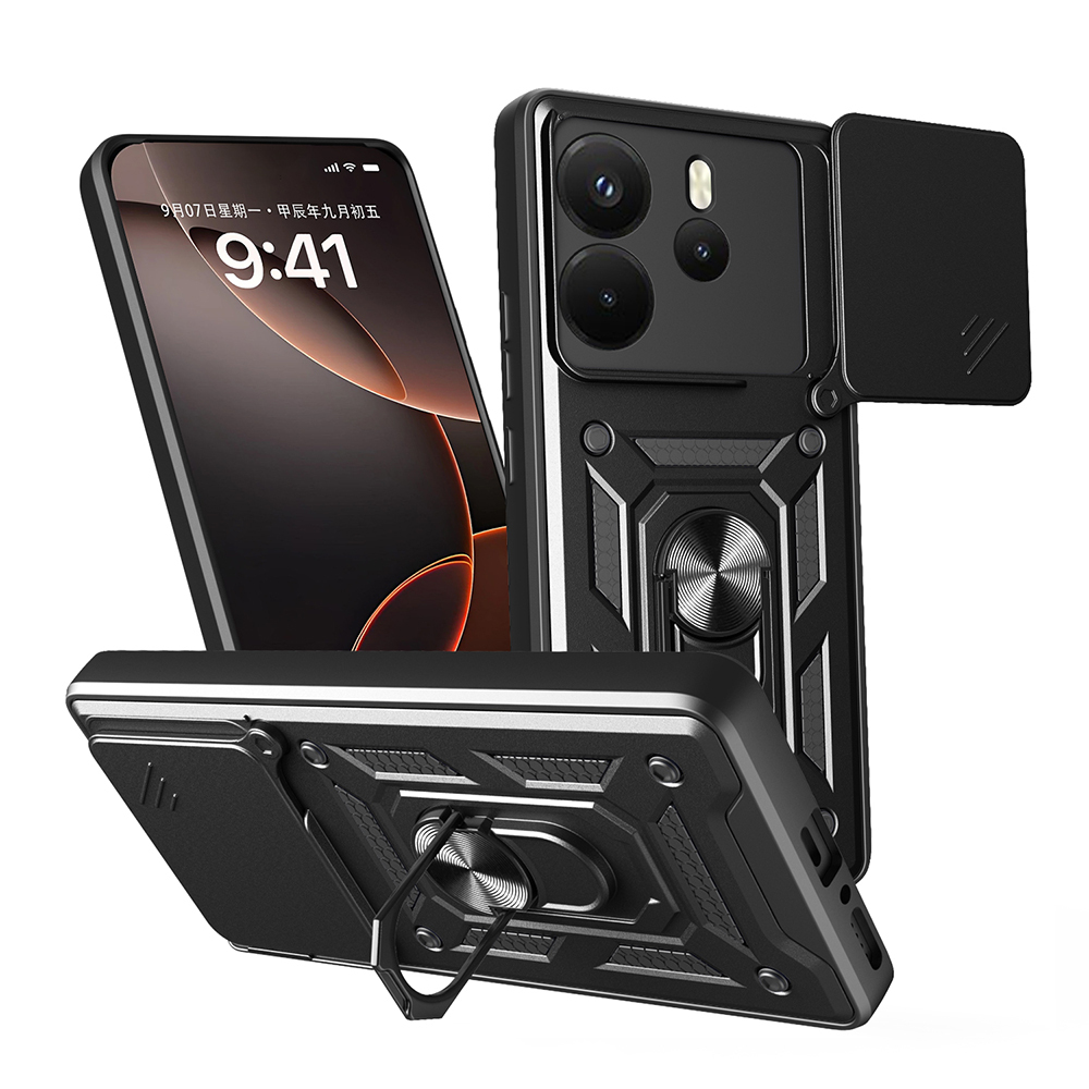 Xiaomi Uyumlu  Redmi Note 14 4G Kılıf Magnetik Standlı Kamera Korumalı Zore Sürgülü Vega Kapak-Siyah