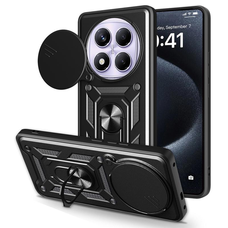 Xiaomi Uyumlu  Redmi Note 14 Pro 4G Kılıf Magnetik Standlı Kamera Korumalı Zore Sürgülü Vega Kapak-Siyah