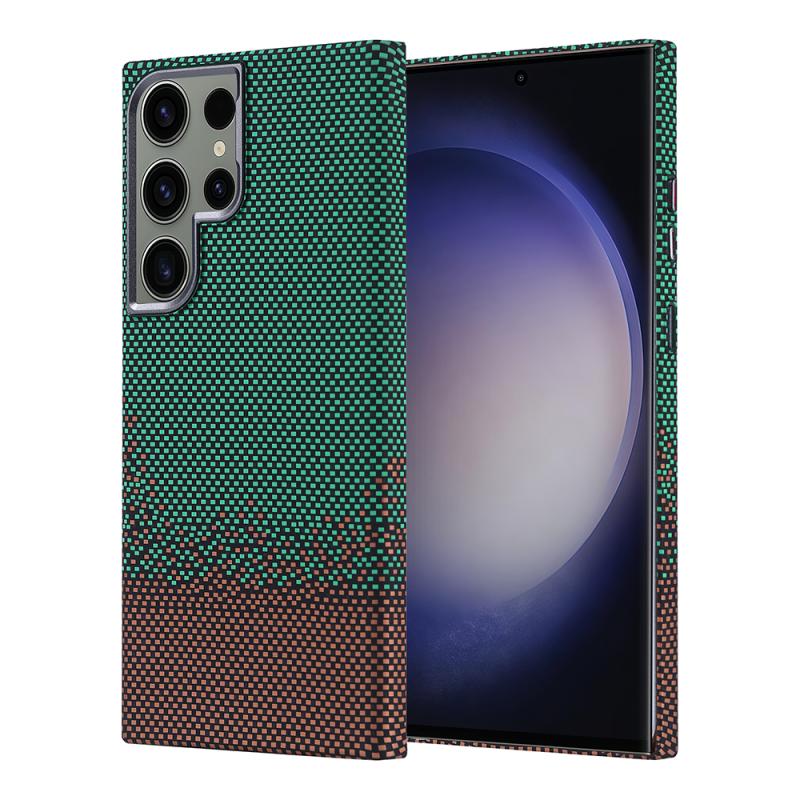 Galaxy Uyumlu S23 Ultra Kılıf M-safe Şarj Özellikli Karbon Fiber Görünümlü Zore Nekst Kapak-Yeşil