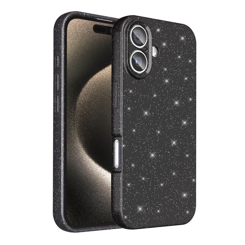 iPhone Uyumlu 16 Plus Kılıf Kamera Korumalı Simli Lüks Zore Koton Kapak-Siyah