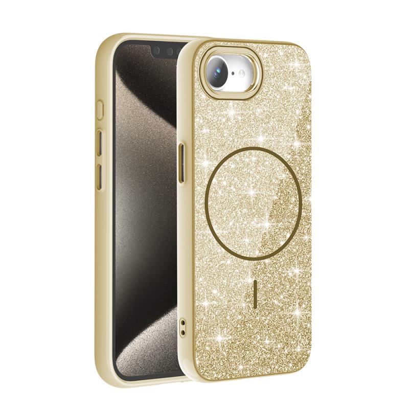 iPhone Uyumlu 16E Kılıf M-safe Şarj Özellikli Parlayan Simli Zore Okso Kapak-Gold