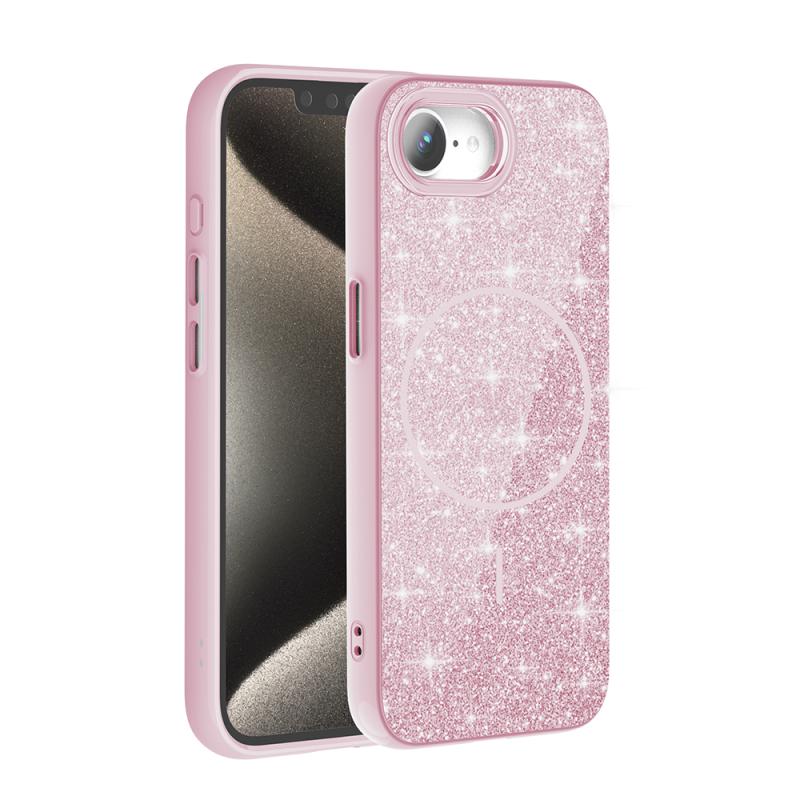 iPhone Uyumlu 16E Kılıf M-safe Şarj Özellikli Parlayan Simli Zore Okso Kapak-Pembe