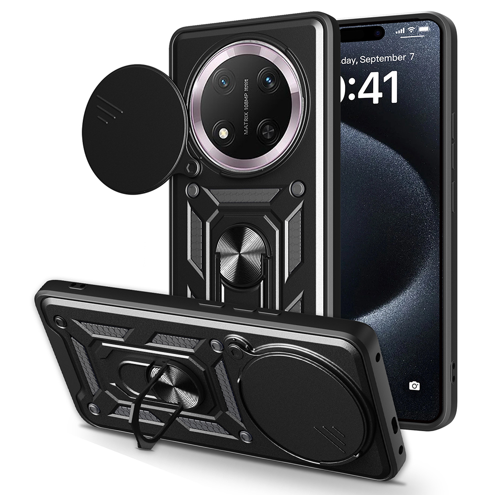 Honor X9C Kılıf Magnetik Standlı Kamera Korumalı Zore Sürgülü Vega Kapak-Siyah